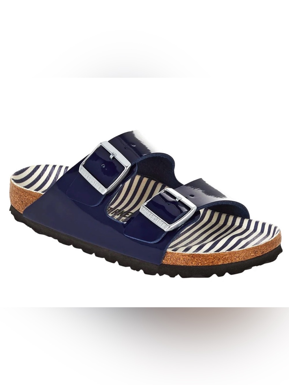 Birkenstock navy blue Patent Two-Strap Sandals with Striped Footbed 40 10 nwt